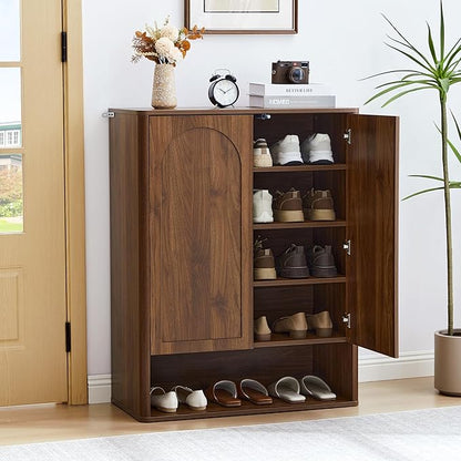 Shoe Cabinet, 5 Tier Wooden Shoe Storage Organizer Cabinet with Adjustable Shelves, Shoes Rack Accent Cabinet for Entryway Hallway Living Room, Walnut