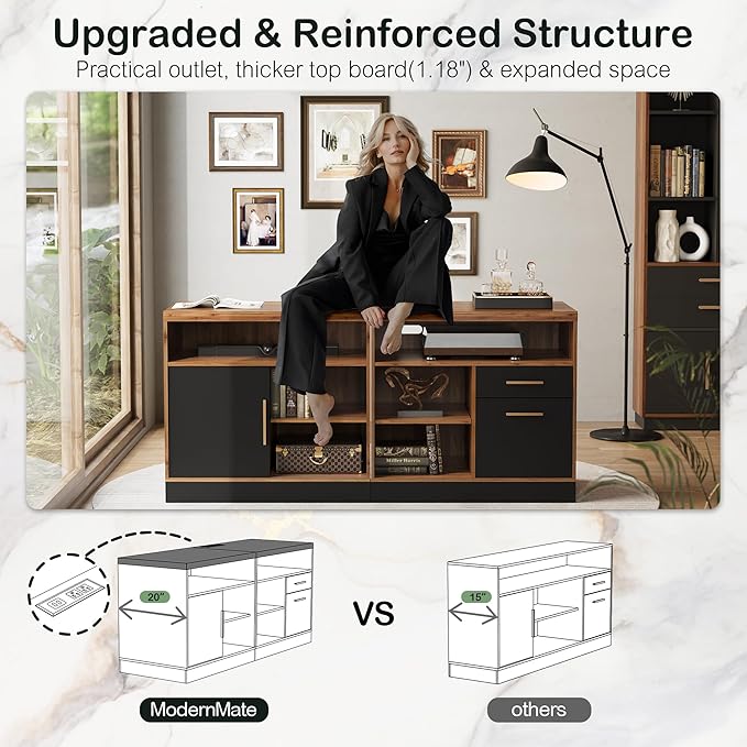 63" Wood Lateral File Cabinet with Lock, Filing Cabinet for Home Office with Adjustable Storage Shelves, Wide Office Credenza, Fits Letter/A4 Size, Black Walnut
