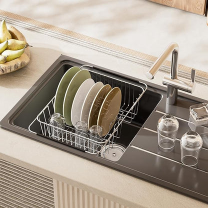 JAQ Dish Drying Rack in-Sink, 304 Stainless Steel Dish Drainer with Stainless Steel Silverware Holder Over Inside Sink-Adjustable 15.08" to 22.4" Maximium 13 Upright Dishes
