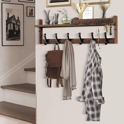 Coat Rack Wall Mount with Shelf, 27.5" Entryway Wall Hanging Shelf, Coat and Key Hanger with 10 Dual Hooks, Mail Organizer and Key Holder Hat Rack for Wall, Wood Coat Hooks with Storage