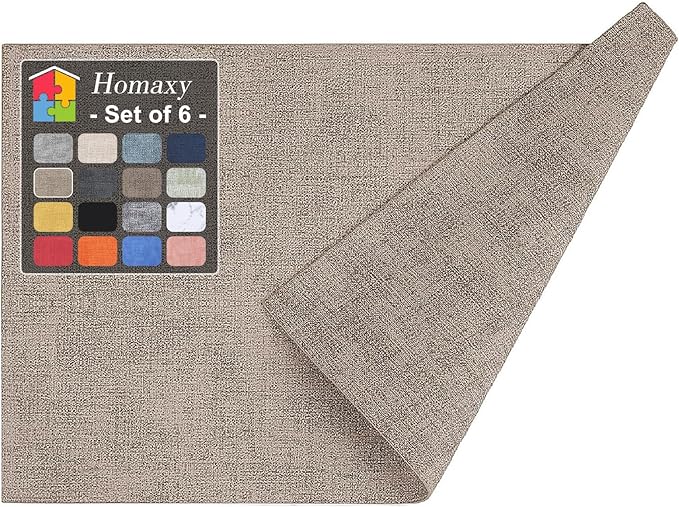 Homaxy Faux Leather Heat Resistant Placemats for Dining Table Set of 6, Waterproof Wipeable Washable PU Table Mats, Easy to Clean Anti-Slip Place Mats, 11.8" x 17", Light Brown