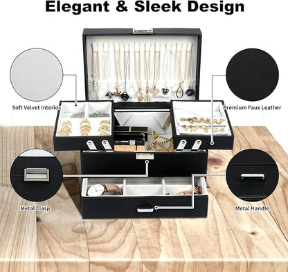 Dajasan Jewelry Boxes for Women Girls, Jewelry Organizer Box, 3 Layers Jewelry Storage Organizer for Earring, Ring, Necklace, Bracelets (Black)