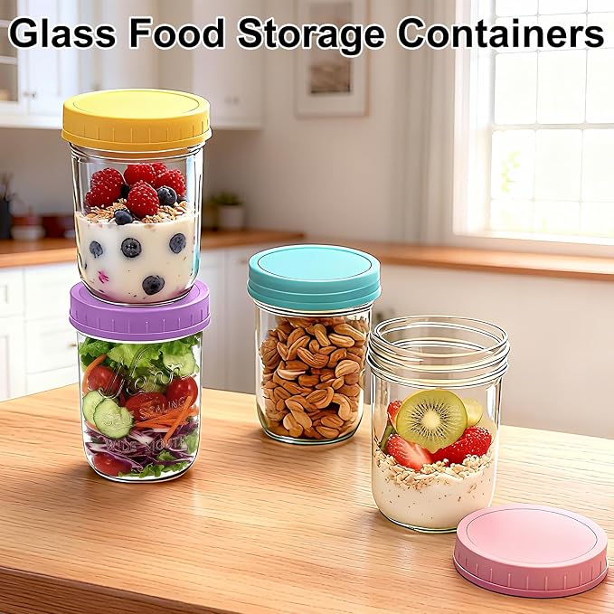 4-Pack 16oz Overnight Oats Containers with Lids, Chia Seed Pudding Jars Yogurt Containers with Lids, Wide Mouth Glass Mason Jars with Airtight Lids, Glass Meal Prep Food Storage Containers