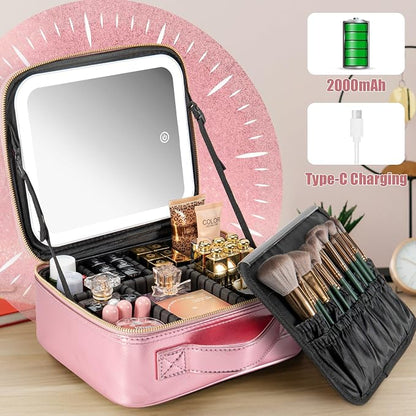 Extrei Gent Makeup Travel Train Case with Mirror LED Light 3 Adjustable Brightness Large Cosmetic Bag Portable Storage Adjustable Partition Waterproof Makeup Brushes Make up Jewelry Gift for Women