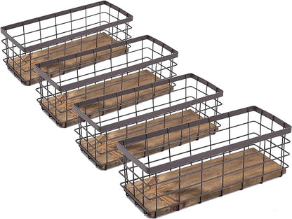 TIEYIPIN Small Metal Wire Storage Basket, Detachable Wood Base Storage Organizer Bin Basket for Kitchen Cabinets, Bathroom, Pantry, Garage, Laundry Room - Brown (4 Pack)