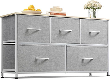 WLIVE Dresser for Bedroom with 5 Drawers, Wide Chest of Drawers, Fabric Dresser, Storage Organization Unit with Fabric Bins for Closet, Living Room, Hallway, Light Grey