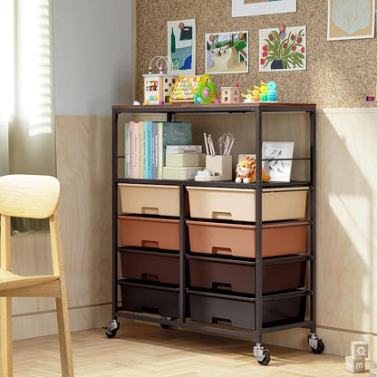 Rolling cart with 8 drawers,Storage drawer cart with wooden tabletop,Lockable wheels organizer for homeschool, arts & crafts, classroom, office & creative spaces (Brown)