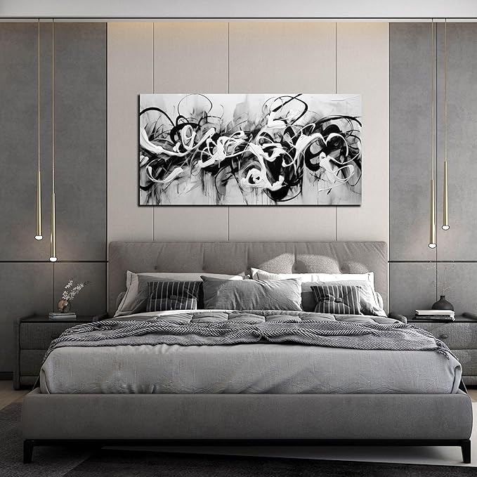 Abstract Canvas Wall Art for Living Room Bedroom Office Black and White Wall Art Abstract Line Picture Framed Wall Decor Modern Canvas Prints 24x48 In