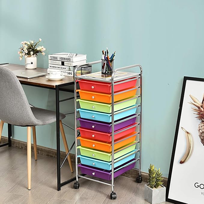 OFFICEJOY Storage Cart, Rolling Utility Cart with 10 Drawers, Portable Handles & Lockable Wheels, Mobile Paper Toys Storage Organizer Large Capacity for Home Office School Teacher (Multi-Color)
