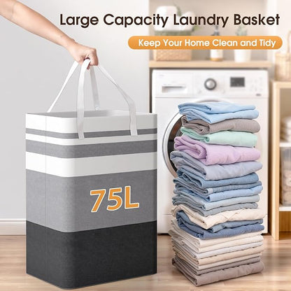 HomeHacks 2 Pack Large Laundry Baskets, Waterproof, Freestanding Laundry Hampers, Collapsible Clothes Hamper with Reinforced Handles in Laundry Room, College Dorm, Bathroom, Bedroom (Grey, 75Lx2)