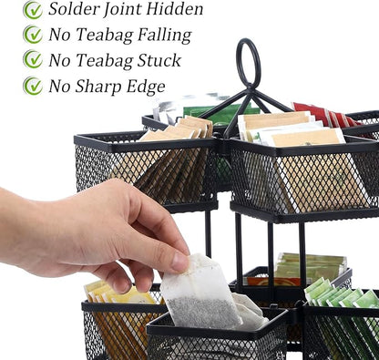 Tea Bag Organizer, Tea Bag Storage Holder Carousel 96 Teabags Container, Lazy Susan Coffee Creamer, Rotating Metal Caddy for Kitchen Counter, Cabinet, Pantry Shelf Organizer