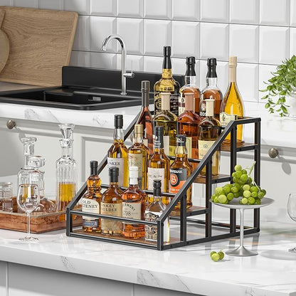 Coffee Syrup Rack Organizer, 4 Tier Countertop Storage Shelves, Kitchen Storage, 16 Syrup Bottle Stand Holder for Wine, Liquor, Kitchen Coffee Station Organizer Rack, 13.8"x16.9"x13.0", Rustic Brown