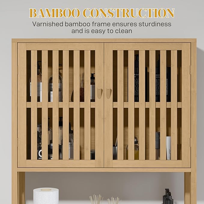 HOMCOM Bamboo Over The Toilet Storage Cabinet, Over Toilet Bathroom Organizer with Slatted Doors, Adjustable Shelf and Open Shelf, Natural