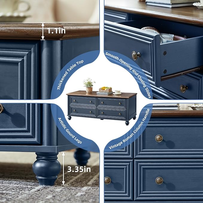 48" Farmhouse Coffee Table with Hidden Storage,Wooden Coffee Tables with 4 Drawers & Roman Column Handle,Rectangular Rustic Center Table with Solid Wood Curved Legs for Living Room,Office,Blue
