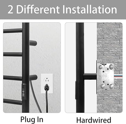 KEG Towel Warmer Wall Mounted with Built-in Timer 8 Bars Electric Stainless Steel Heated Towel Racks for Bathroom, Hot Plug-in Bath Towel Heater Matte Black (TW-8-MB)