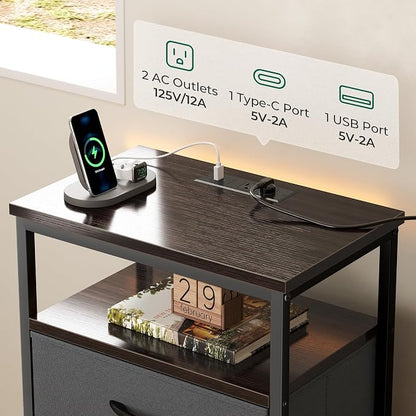 Huuger Night Stand with Charging Station, 4 Drawer Dresser for Bedroom, Bedside Table, 33.9 Inch Tall Nightstand with Open Shelf, End Table, for Closet, Entryway, Bedroom, Walnut