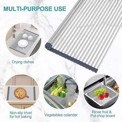 BBXTYLY Extra Large Expandable Roll Up Dish Drying Rack,Over The Sink Drying Rack Sink Cover Kitchen Sink Accessories Kitchen Rolling up Stainless Steel Drainer, Foldable,Rollable（Grey，22.8'-17.3''）