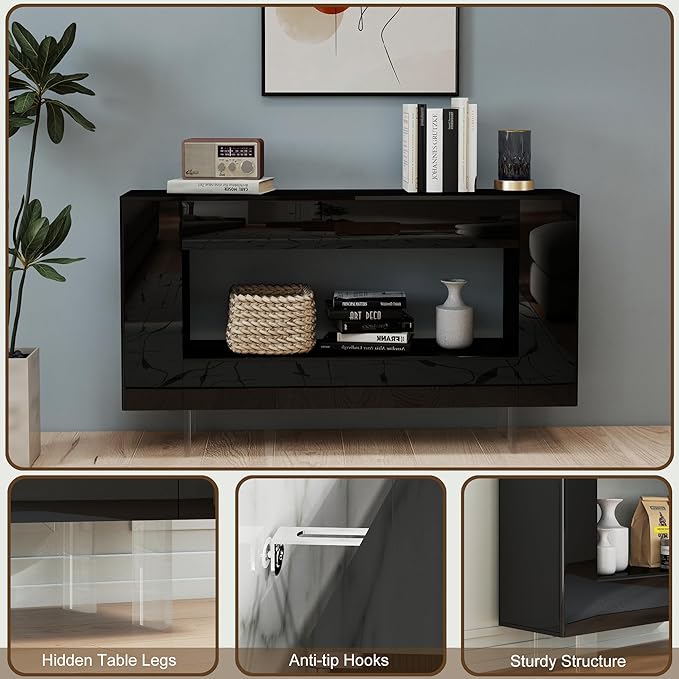 47" High Gloss Console Table with Hidden Side Storage Cabinets, Adjustable Shelves, Modern Black Entryway Sofa Table for Behind The Couch, Living Room, Hallway, Black