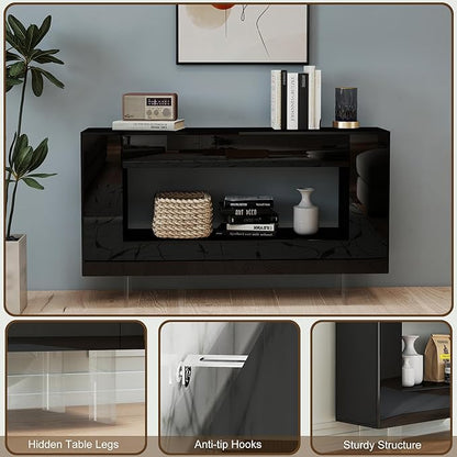47" High Gloss Console Table with Hidden Side Storage Cabinets, Adjustable Shelves, Modern Black Entryway Sofa Table for Behind The Couch, Living Room, Hallway, Black