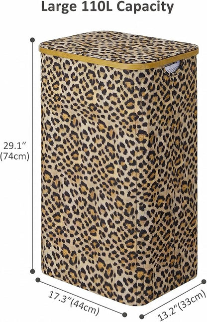 iEGrow Laundry Hamper with Lid, 110L Large Laundry Basket with Handle, Collapsible Clothes Basket Organizer with Removable Inner Bag for Clothes Towels - Leopard print