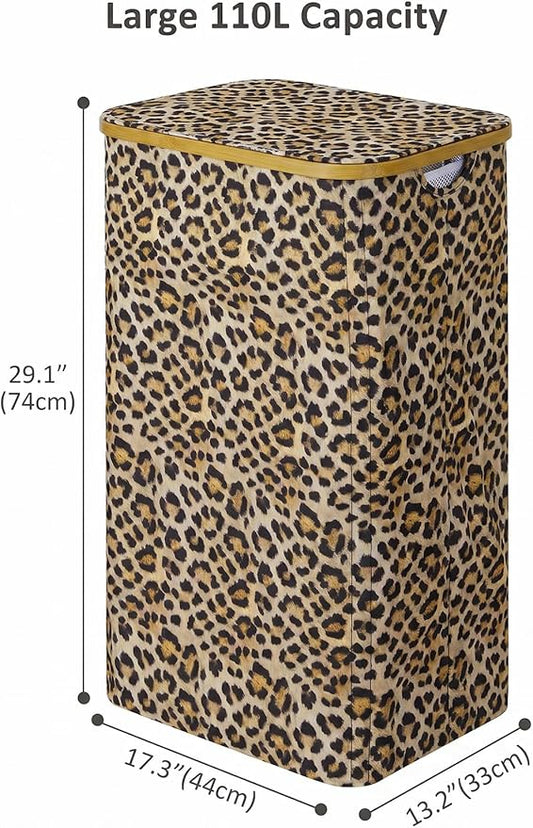 iEGrow Laundry Hamper with Lid, 110L Large Laundry Basket with Handle, Collapsible Clothes Basket Organizer with Removable Inner Bag for Clothes Towels - Leopard print