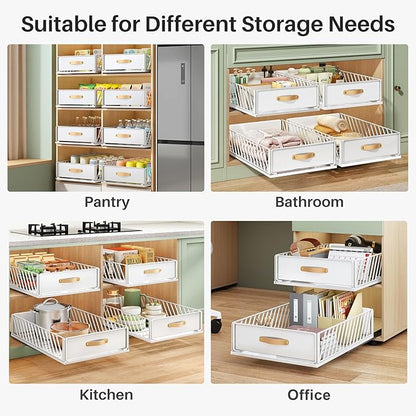Pull out Cabinet Organizer,Heavy Duty Slide out Pantry Shelves Drawer Storage with Adhesive Nano Film,Sliding Mesh Cabinet Basket with Handle for Kitchen, Bathroom, Home, 13.8"W X 21"D X 6.2"H,White
