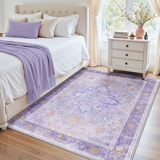 RELEANY Area Rugs 4'x6' Washable Non-Slip, Floral Vintage Distress Medallion Carpet for Living Room Bedroom Dining Room, Light Purple Brown