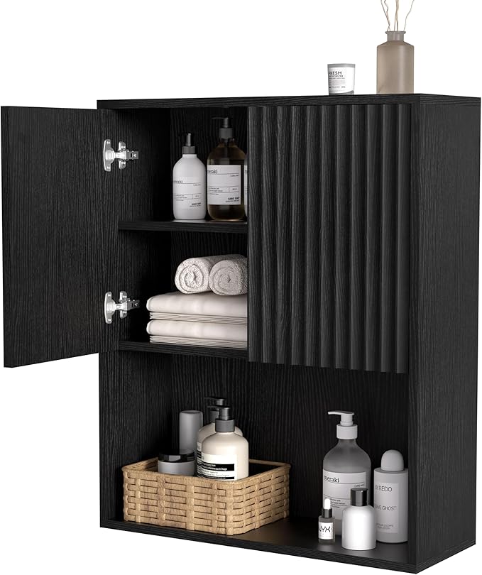 Fluted Bathroom Wall Cabinet Over The Toilet Storage,Wall Mounted Cabinet with Adjustable Shelf,Floating Cabinet Organizer Hanging Cabinet,Kitchen and Laundry Room Cabinets (Black, 1 PC)