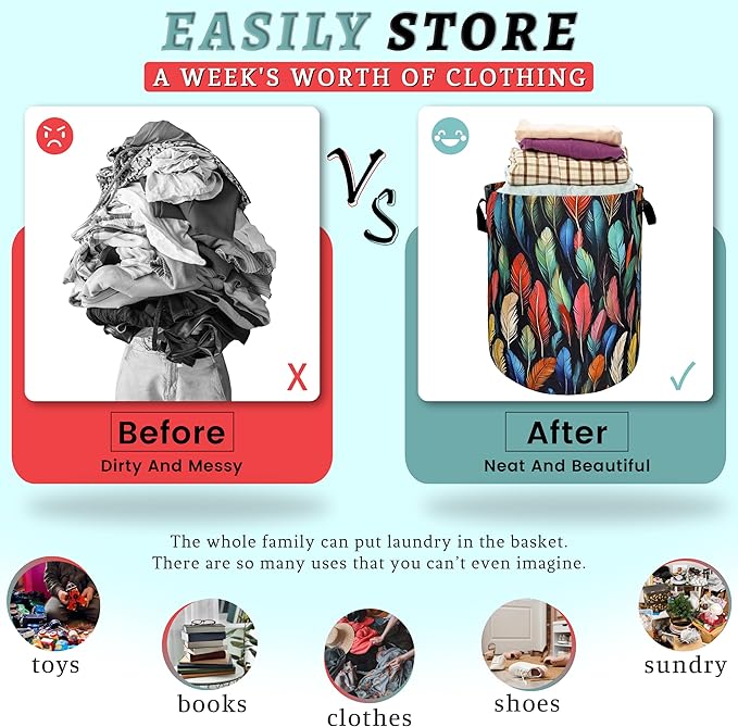 Feathers Laundry Basket Foldable With Handles Funny Tote Bag Oxford Cloth Colorful Feather Laundry Hamper Clothes Storage Bucket Toy Organizer For Bathroom/Laundry/Bedroom 18.9" x 16.5 "