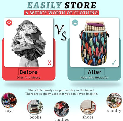 Feathers Laundry Basket Foldable With Handles Funny Tote Bag Oxford Cloth Colorful Feather Laundry Hamper Clothes Storage Bucket Toy Organizer For Bathroom/Laundry/Bedroom 18.9" x 16.5 "