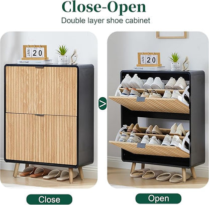 Narrow Shoe Cabinet Storage for Entryway,Slim Shoe Cabinet with 2 Flip Drawers, Fluted Shoes Rack Organizer (Natural with Black, 2 Drawers)