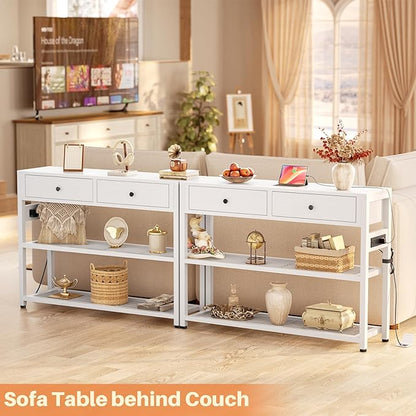 Ecoprsio Entryway Table with Outlets and USB Ports, Console Table with 2 Drawers, Small Sofa Table with Storage Shelves for Living Room, Couch, Hallway, Foyer, Kitchen Counter, 32'', White