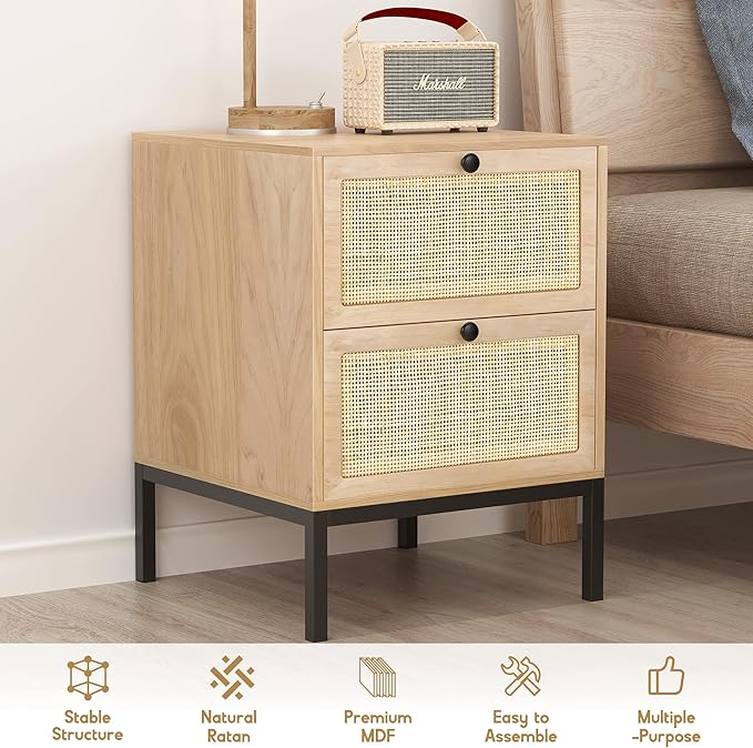XIAO WEI Natural Rattan Nightstand Set of 2, Boho Night Stand with Drawers, Bedside Table Accent Cane End Table Side Table for Bedroom Living Room, Metal Legs/Small/Natural