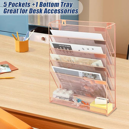 EASEPRES Desk File Organizer Mesh 6-Tier, Hanging Wall Mount Document Organization Stand, Desktop Vertical Mail Paper Folder Holder Rack with Bottom Tray for Office Home Cubicle Countertop, Rose Gold