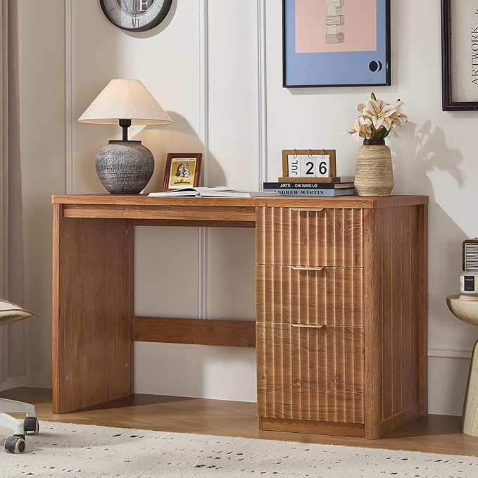 48" Modern Fluted Home Office Desk with Storage Cabinet, Brown Wood Executive Desk with File Drawer & Golden Handles, Large Computer Writing Table for Office,Study, Living Room, Bedroom