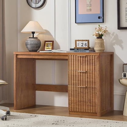 48" Modern Fluted Home Office Desk with Storage Cabinet, Brown Wood Executive Desk with File Drawer & Golden Handles, Large Computer Writing Table for Office,Study, Living Room, Bedroom