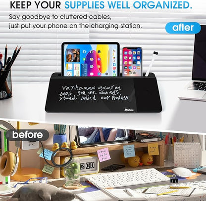 Varhomax Glass Desk Whiteboard Black with Wireless Charger, Desktop Dry Erase White Board with Storage,to Do List Memo Notepad for Home and Office