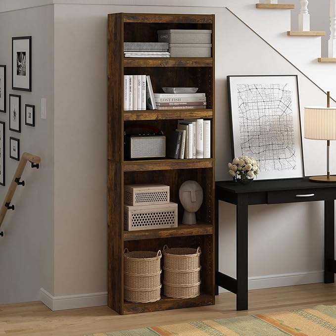 Furinno JAYA Book Shelf, 5-Tier Bookshelf, Enhanced Home Bookcase with Adjustable shelf, 9.5" x 24.5" x 71.1", for Organization and Storage, for Living Room, Bedroom, Home Office, Amber Pine