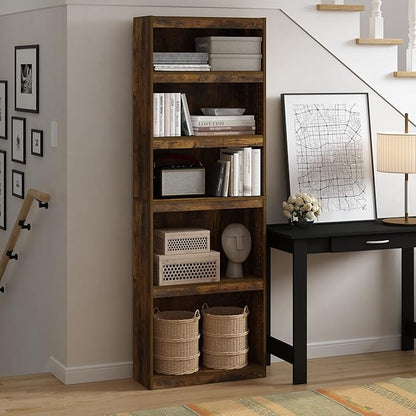Furinno JAYA Book Shelf, 5-Tier Bookshelf, Enhanced Home Bookcase with Adjustable shelf, 9.5" x 24.5" x 71.1", for Organization and Storage, for Living Room, Bedroom, Home Office, Amber Pine