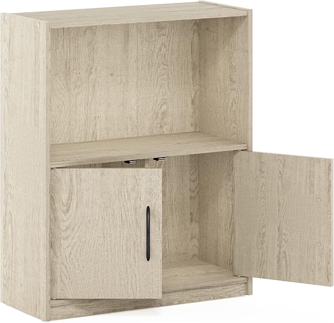 Furinno GRUEN Book Shelf, 2-Tier Bookshelf, Bookcase with Open Shelf with 2 Doors Storage Cabinet, 9.3" x 21.8" x 27", for Living Room, Bedroom, Home Office, Metropolitan Pine
