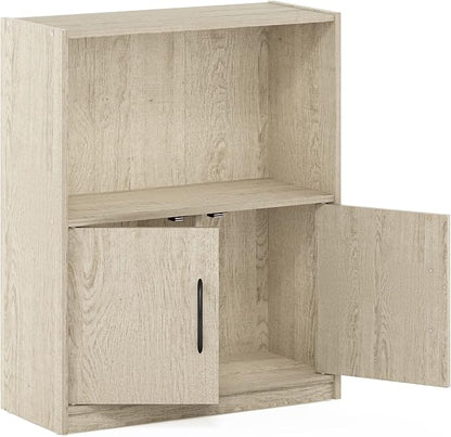 Furinno GRUEN Book Shelf, 2-Tier Bookshelf, Bookcase with Open Shelf with 2 Doors Storage Cabinet, 9.3" x 21.8" x 27", for Living Room, Bedroom, Home Office, Metropolitan Pine
