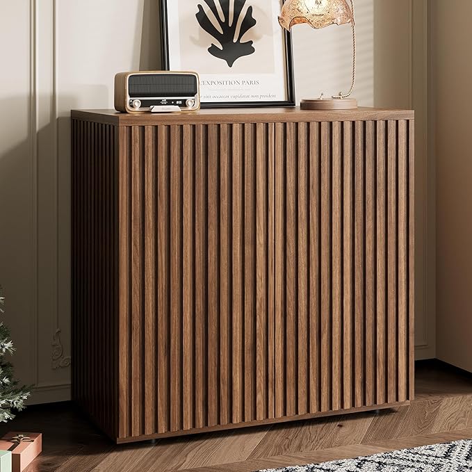 Rophefx Fluted Sideboard Cabinet, 63" Buffet Cabinet with Storage, Credenza Storage Cabinets with Adjustable Shelf, Wood Entryway Cabinets with Pop-up Doors for Living Room, Entryway, Hallway, Walnut