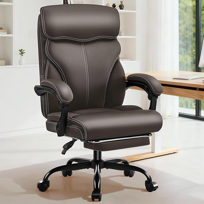 Office Chair - Ergonomic Comfortable High Back Computer Desk Chair with Foot Rest - Executive Breathable Swivel Rolling Reclining Leather Chair with Lumbar Support for Home Gaming Relaxing