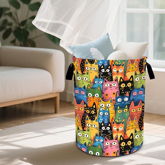 Colorful Cat Laundry Basket Waterproof Laundry Hamper Foldable Laundry Bag with Handles for Bedroom, Bathroom, Office, Clothes Storage