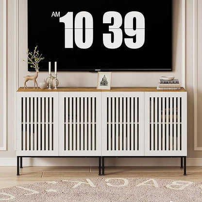 Set of 2 White Farmhouse Buffet Cabinet with Storage,Metal Base Console Table with Adjustable Shelves & 4 Doors, Antique White Sideboard for Kitchen, Dining Room, Living Room