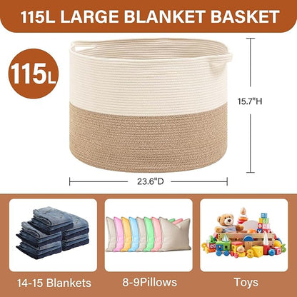 Foldable Laundry Hamper Basket with Collapsible Handle Cotton Rope Soft Woven Fabric Storage Organizer Clothes Toys Nursery Bedroom Dorm Space Saving Bin (White & Brown, 115L(23.6"D x 15.7"H))