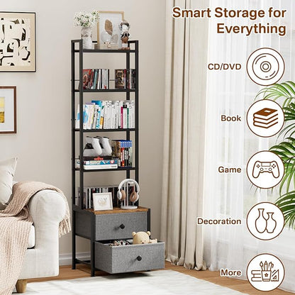 CD Storage Rack with Drawer, 5-Tier DVD Organizer Shelf w/Adjustable Book Stoppers, Media Storage Rack for CD/DVD, Books & Games, Ideal for Living Room & Home Office – 15.7x11.8x56.5Inches