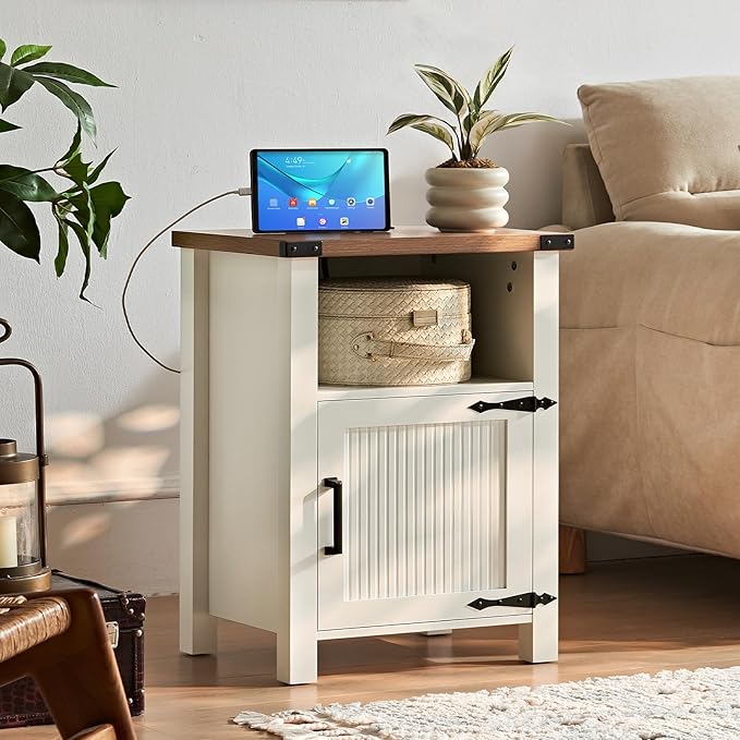 Nightstand with Charger Station and USB Port, 18 Inch Farmhouse Night Stand with Storage Shelf, Modern Couch Side Table with Magnetic Door, Bedside Tables for Bedroom, Home, Antique White