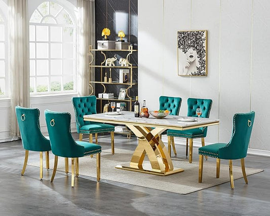 Modern Marble Dining Table Set for 6, Luxury Kitchen Dining Room Table Set for 6, 68 inch Faux Marble Dinner Table with Velvet Chairs, 7 Piece Dining Table Set for Dinner Party Gathering, Green & Gold