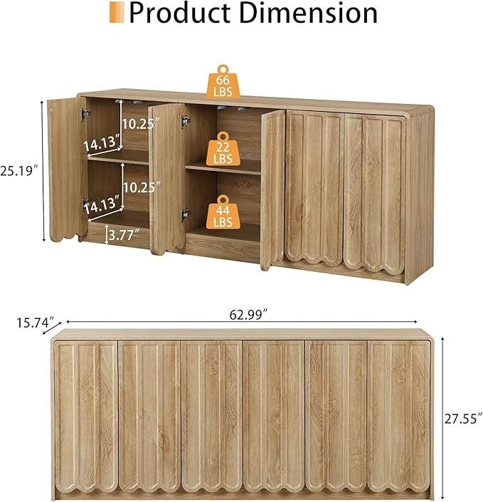 ORRD Sideboard Buffet Cabinet with Storage, Low Storage Cabinet Modern Wooden Accent Credenza Console Table TV Stand with 6 Wave Panel Doors for Kitchen Dining Living Room Entryway, Natural